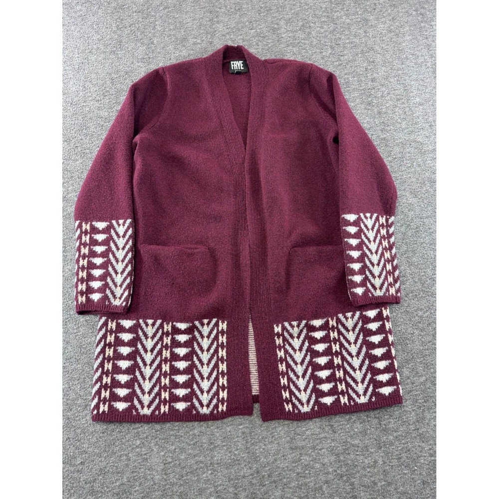 Frye Womens Burgundy Southwestern Geometric Open Front Cardigan Sweater Medium - Picture 1 of 9